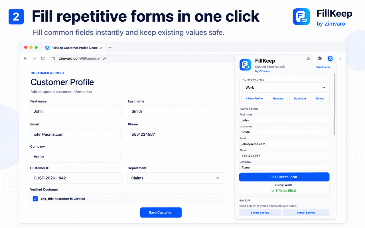 FillKeep Chrome extension filling a customer form